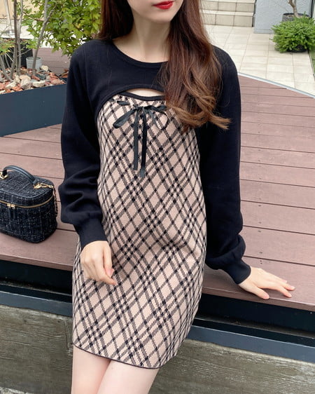INGNI（イング） デコルテオープンチェック柄切替ニットワンピース ﾍﾞｰｼﾞｭｸﾛ/ﾁｪｯｸ