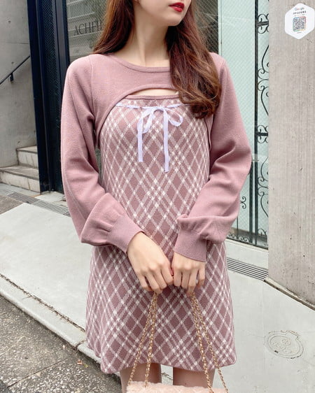 INGNI(イング) デコルテオープンチェック柄切替ニットワンピース モカピンクオフ/チェック