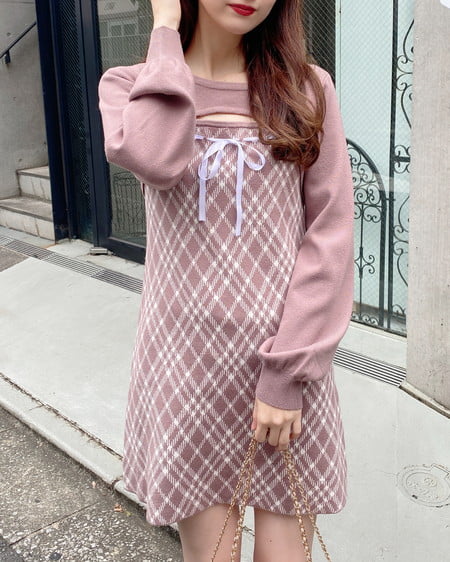 INGNI(イング) デコルテオープンチェック柄切替ニットワンピース モカピンクオフ/チェック