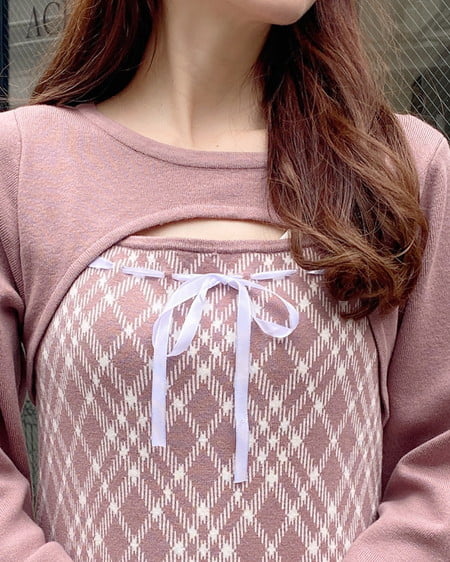 INGNI(イング) デコルテオープンチェック柄切替ニットワンピース モカピンクオフ/チェック