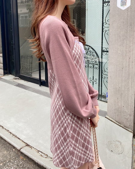 INGNI(イング) デコルテオープンチェック柄切替ニットワンピース モカピンクオフ/チェック