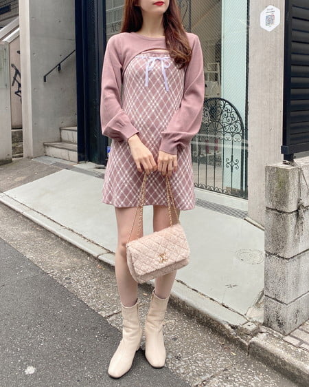 INGNI(イング) デコルテオープンチェック柄切替ニットワンピース モカピンクオフ/チェック