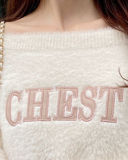 INGNI(イング) オフショルレザーロゴ貼付シャギーニット オフホワイト/ベージュ