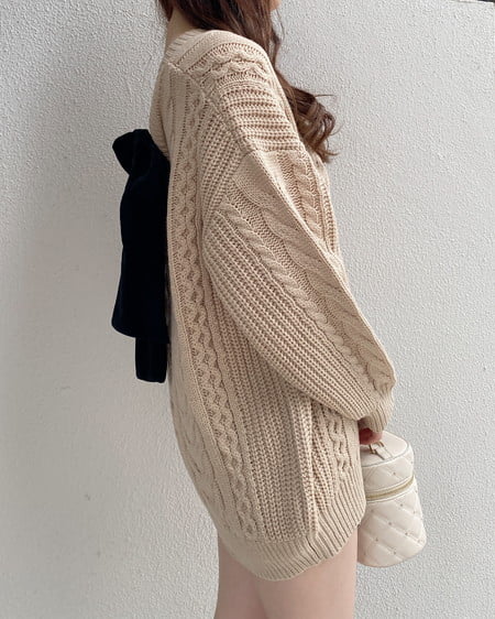 INGNI(イング) バックベロアリボンケーブルチュニックニット ベージュ/クロ