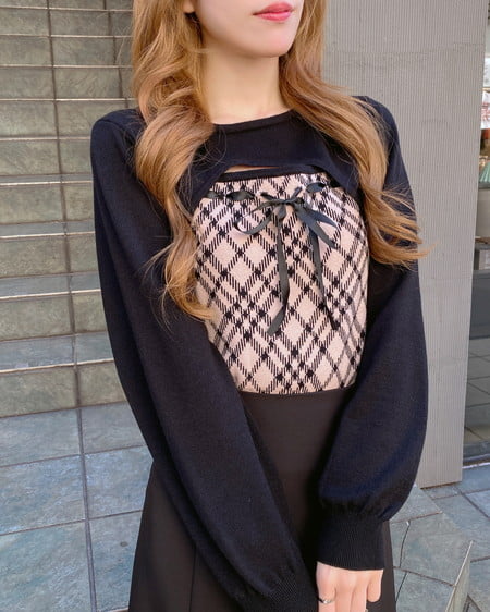INGNI(イング) チェック柄デコルテオープンニット ベージュクロ/チェック