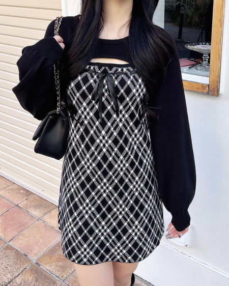 INGNI（イング） デコルテオープンチェック柄切替ニットワンピース ｸﾛｵﾌ/ﾁｪｯｸ