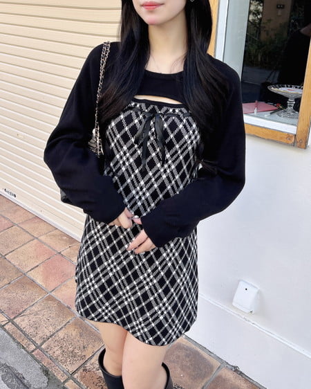 INGNI（イング） デコルテオープンチェック柄切替ニットワンピース ｸﾛｵﾌ/ﾁｪｯｸ