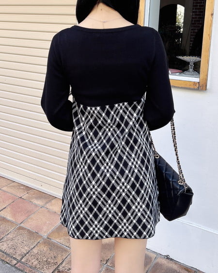 INGNI（イング） デコルテオープンチェック柄切替ニットワンピース ｸﾛｵﾌ/ﾁｪｯｸ