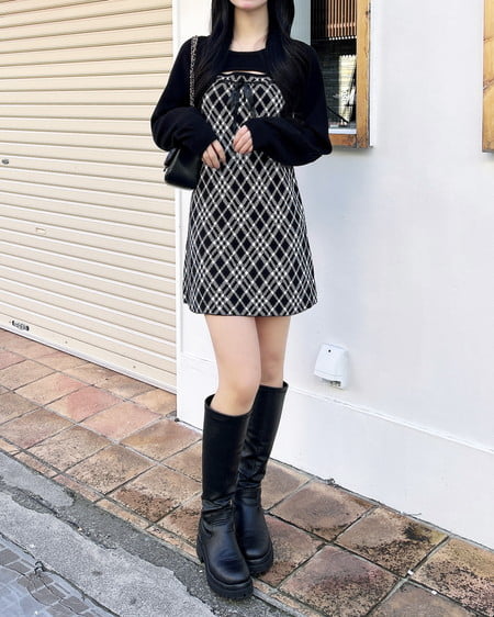 INGNI（イング） デコルテオープンチェック柄切替ニットワンピース ｸﾛｵﾌ/ﾁｪｯｸ