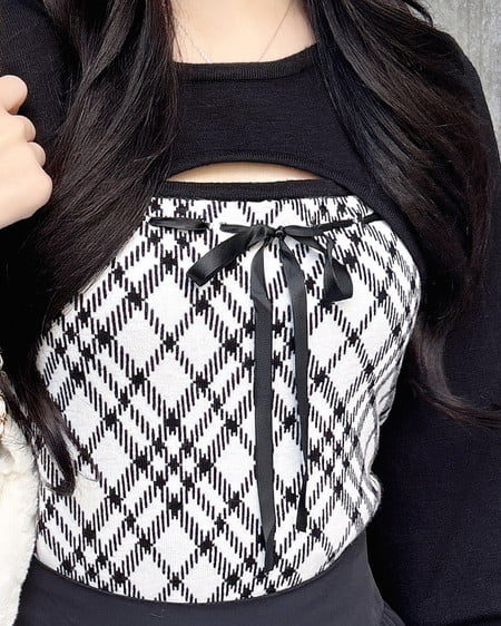 INGNI（イング） チェック柄デコルテオープンニット ｵﾌｸﾛ/ﾁｪｯｸ