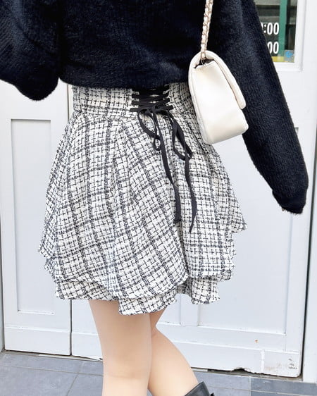 バックレースアップツイードタックフレアスカート