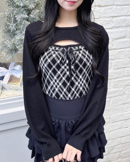 INGNI（イング） チェック柄デコルテオープンニット ｸﾛｵﾌ/ﾁｪｯｸ
