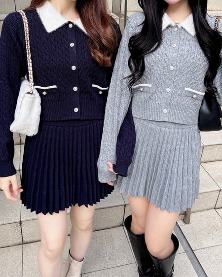 INGNI（イング） フェザー襟ケーブルニットカーディガン＋ニットスカート／セット ｺﾝ/ｵﾌﾎﾜｲﾄA