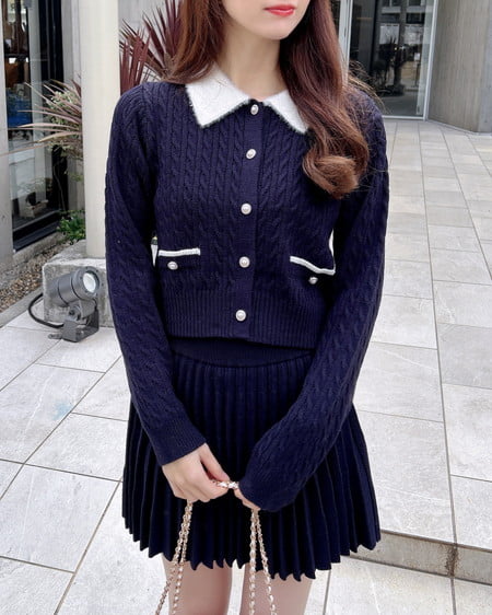 INGNI（イング） フェザー襟ケーブルニットカーディガン＋ニットスカート／セット ｺﾝ/ｵﾌﾎﾜｲﾄA