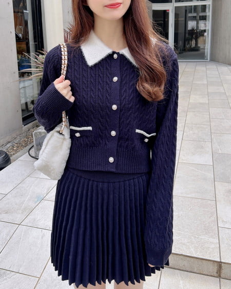 INGNI（イング） フェザー襟ケーブルニットカーディガン＋ニットスカート／セット ｺﾝ/ｵﾌﾎﾜｲﾄA