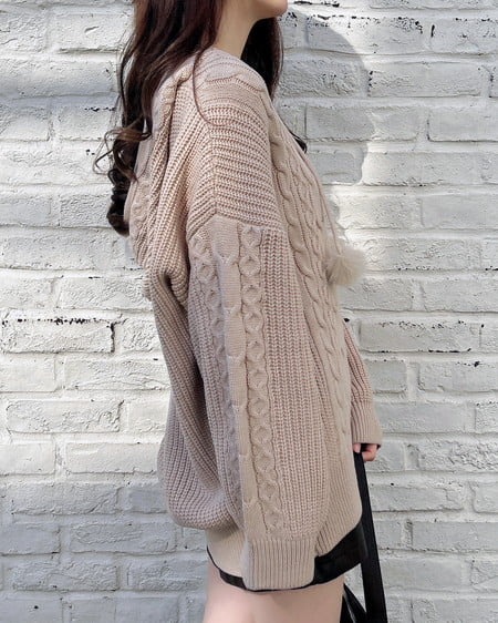 INGNI（イング） ポンポン付ケーブルチュニックニットパーカー ﾍﾞｰｼﾞｭ