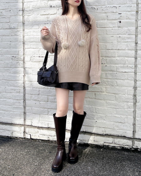 INGNI（イング） ポンポン付ケーブルチュニックニットパーカー ﾍﾞｰｼﾞｭ