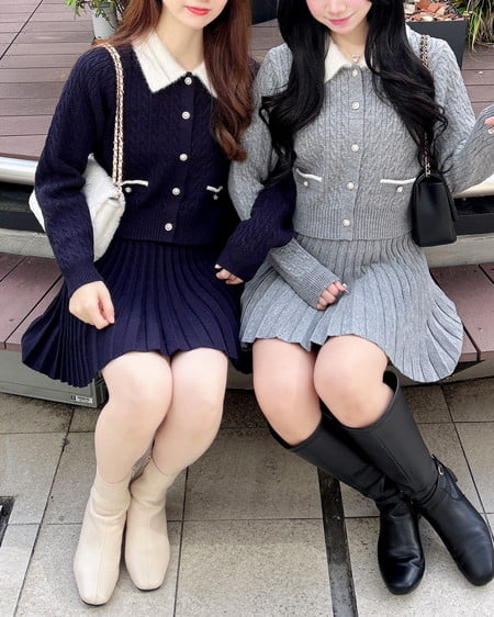 INGNI（イング） フェザー襟ケーブルニットカーディガン＋ニットスカート／セット ｸﾞﾚｰ/ｵﾌﾎﾜｲﾄA