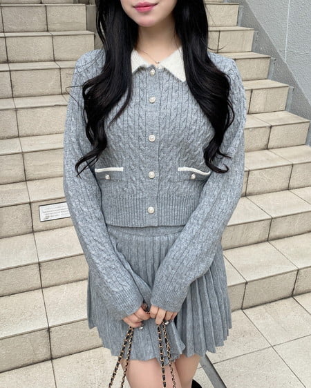 INGNI（イング） フェザー襟ケーブルニットカーディガン＋ニットスカート／セット ｸﾞﾚｰ/ｵﾌﾎﾜｲﾄA