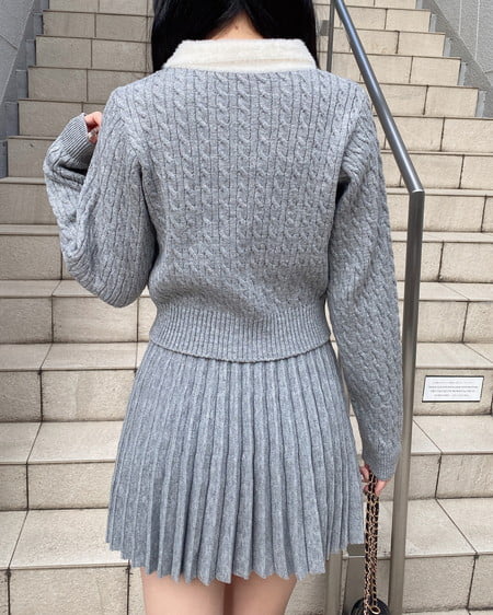 INGNI（イング） フェザー襟ケーブルニットカーディガン＋ニットスカート／セット ｸﾞﾚｰ/ｵﾌﾎﾜｲﾄA