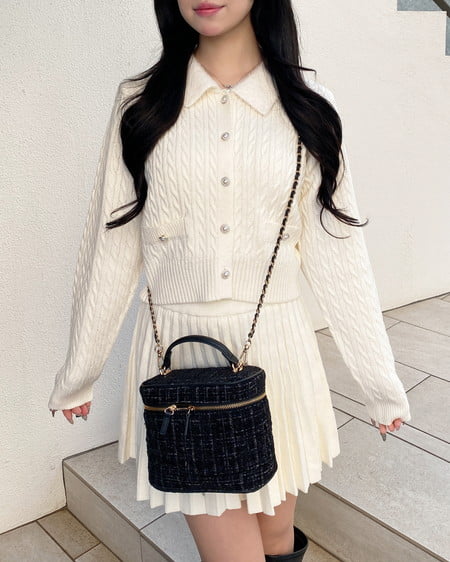 フェザー襟ケーブルニットカーディガン＋ニットスカート／セット