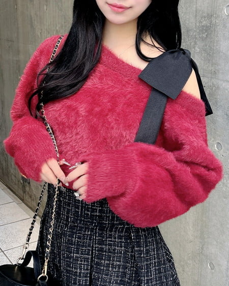 肩リボンワンショルフェザーニット