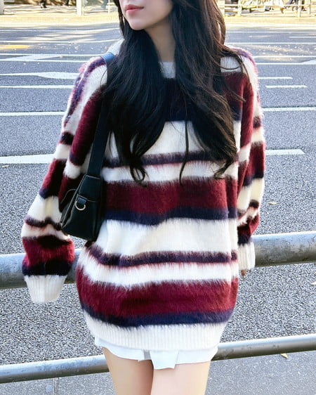 マルチボーダーシャギーチュニックニット