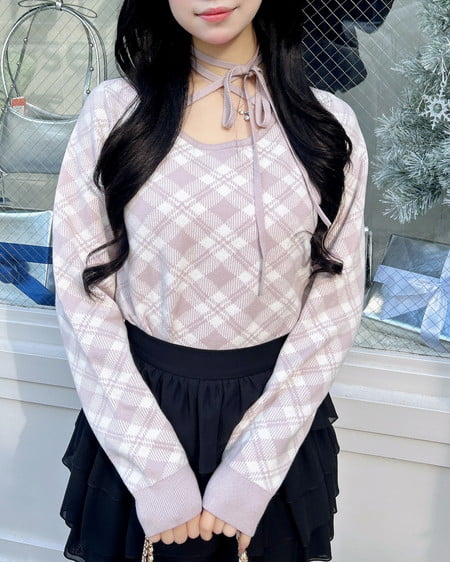 INGNI（イング） クロスチョーカーチェック柄長袖ニット ﾋﾟﾝｸ/ｵﾌﾎﾜｲﾄ