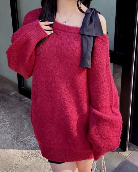 肩リボンワンショルシャギーチュニックニット