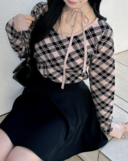 クロスチョーカーチェック柄長袖ニット