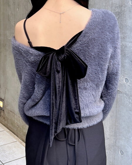 INGNI（イング） バックベロアリボンフェザーニット ﾁｬｺｰﾙｸﾞﾚｰ/ｸﾛ