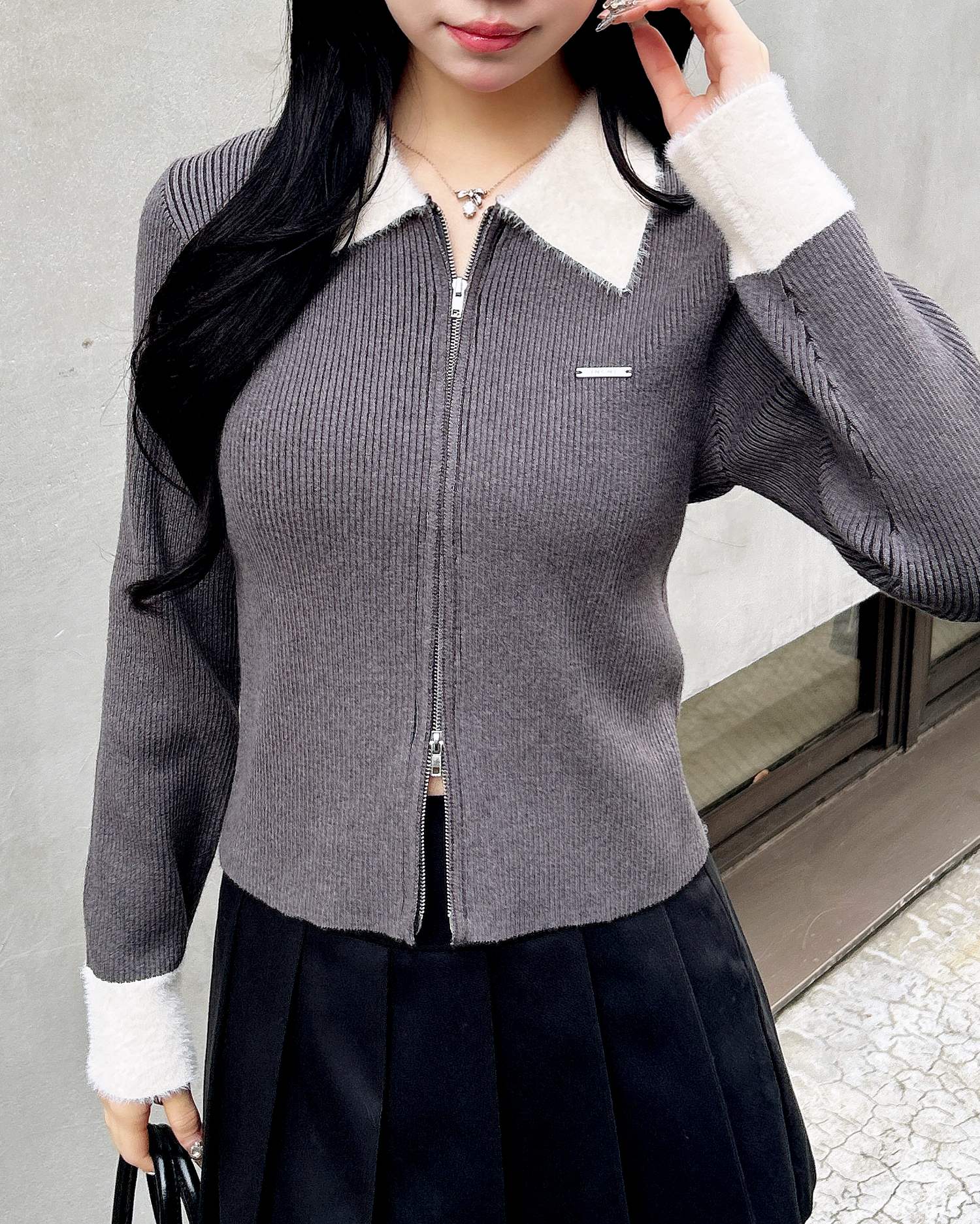 フェザー襟リブニットカーディガン