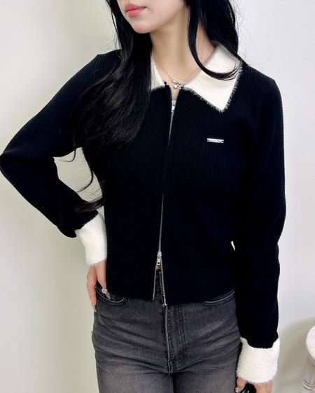 INGNI(イング) フェザー襟リブニットカーディガン クロ/オフホワイト