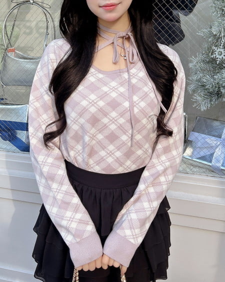 INGNI（イング） クロスチョーカーチェック柄長袖ニット ﾋﾟﾝｸ/ｵﾌﾎﾜｲﾄ