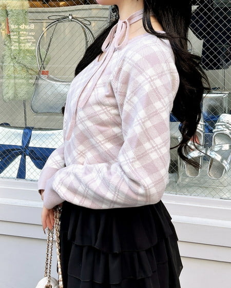 INGNI（イング） クロスチョーカーチェック柄長袖ニット ﾋﾟﾝｸ/ｵﾌﾎﾜｲﾄ