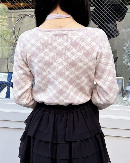 INGNI（イング） クロスチョーカーチェック柄長袖ニット ﾋﾟﾝｸ/ｵﾌﾎﾜｲﾄ