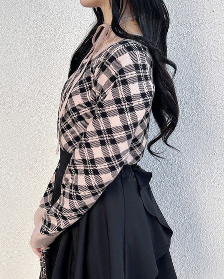 INGNI（イング） クロスチョーカーチェック柄長袖ニット ﾍﾞｰｼﾞｭ/ｸﾛ