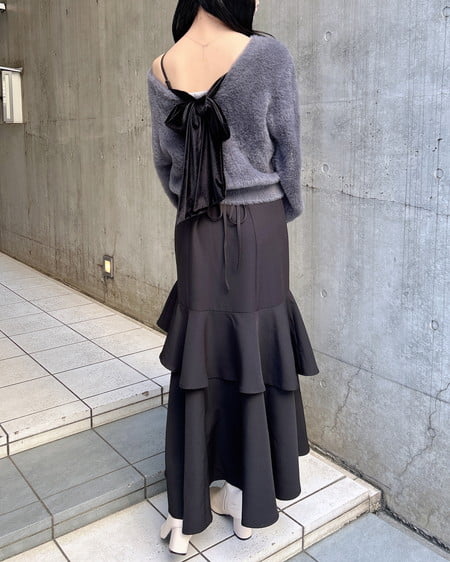 INGNI（イング） バックベロアリボンフェザーニット ﾁｬｺｰﾙｸﾞﾚｰ/ｸﾛ