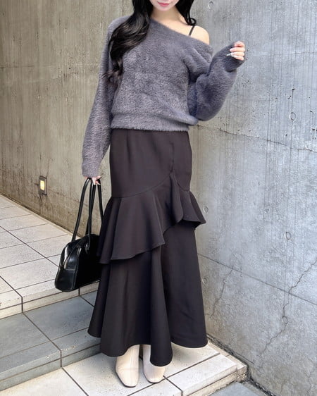 INGNI（イング） バックベロアリボンフェザーニット ﾁｬｺｰﾙｸﾞﾚｰ/ｸﾛ