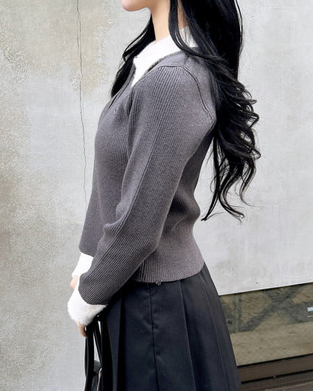 INGNI（イング） フェザー襟リブニットカーディガン ﾁｬｺｰﾙｸﾞﾚｰ/ｵﾌﾎﾜｲﾄ