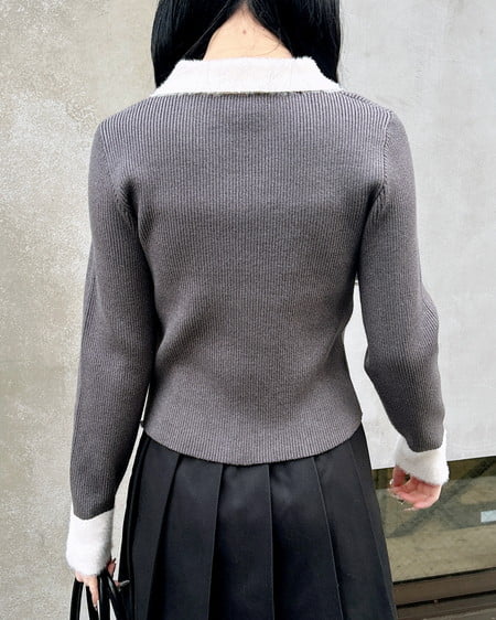 INGNI（イング） フェザー襟リブニットカーディガン ﾁｬｺｰﾙｸﾞﾚｰ/ｵﾌﾎﾜｲﾄ