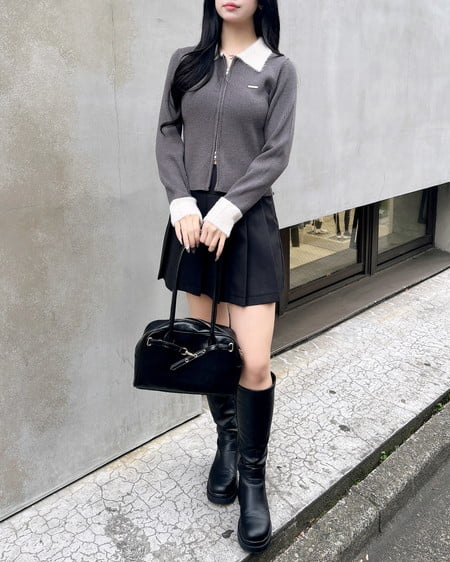 INGNI（イング） フェザー襟リブニットカーディガン ﾁｬｺｰﾙｸﾞﾚｰ/ｵﾌﾎﾜｲﾄ