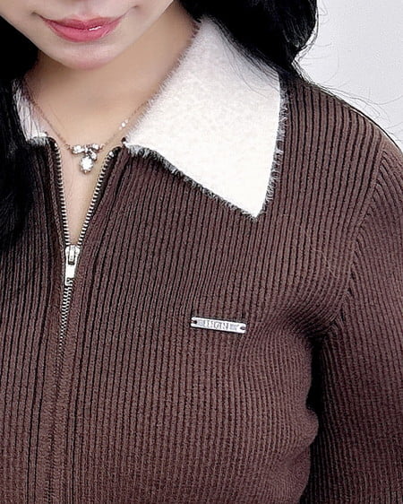 INGNI（イング） フェザー襟リブニットカーディガン ﾌﾞﾗｳﾝ/ｵﾌﾎﾜｲﾄ