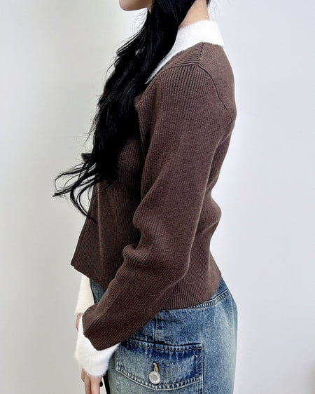 INGNI（イング） フェザー襟リブニットカーディガン ﾌﾞﾗｳﾝ/ｵﾌﾎﾜｲﾄ