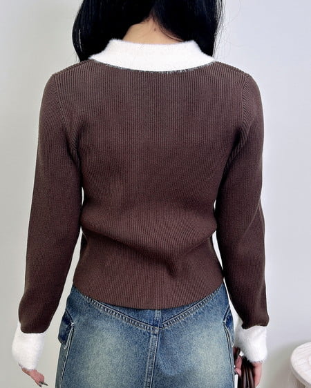 INGNI（イング） フェザー襟リブニットカーディガン ﾌﾞﾗｳﾝ/ｵﾌﾎﾜｲﾄ