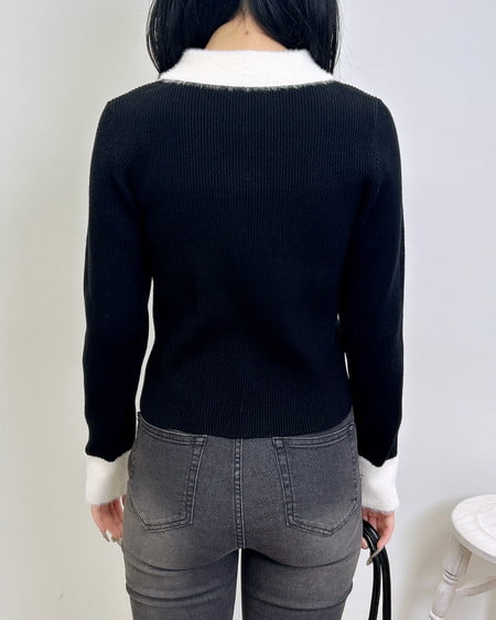 INGNI(イング) フェザー襟リブニットカーディガン クロ/オフホワイト