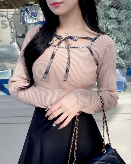 INGNI（イング） チェック柄配色デコルテリボンニット ﾍﾞｰｼﾞｭ/ｸﾛﾁｪｯｸ