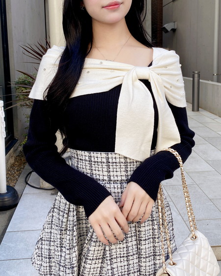 INGNI（イング） ビジュー2Wayオフショルニット ｸﾛ/ｵﾌﾎﾜｲﾄ