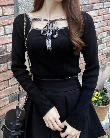 チェック柄配色デコルテリボンニット