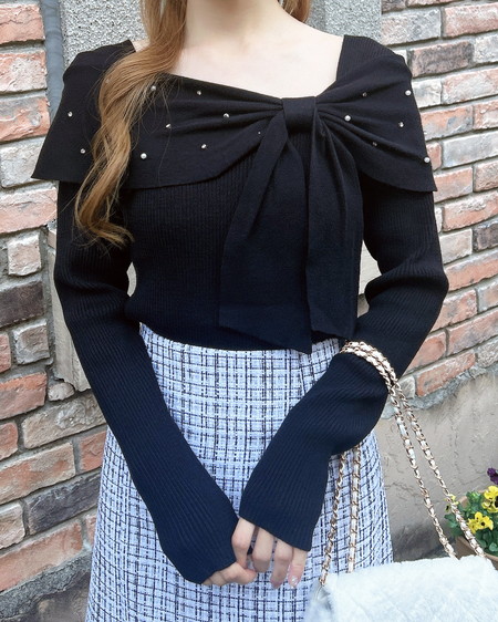 【一部カラー予約受付中】ビジュー2Wayオフショルニット